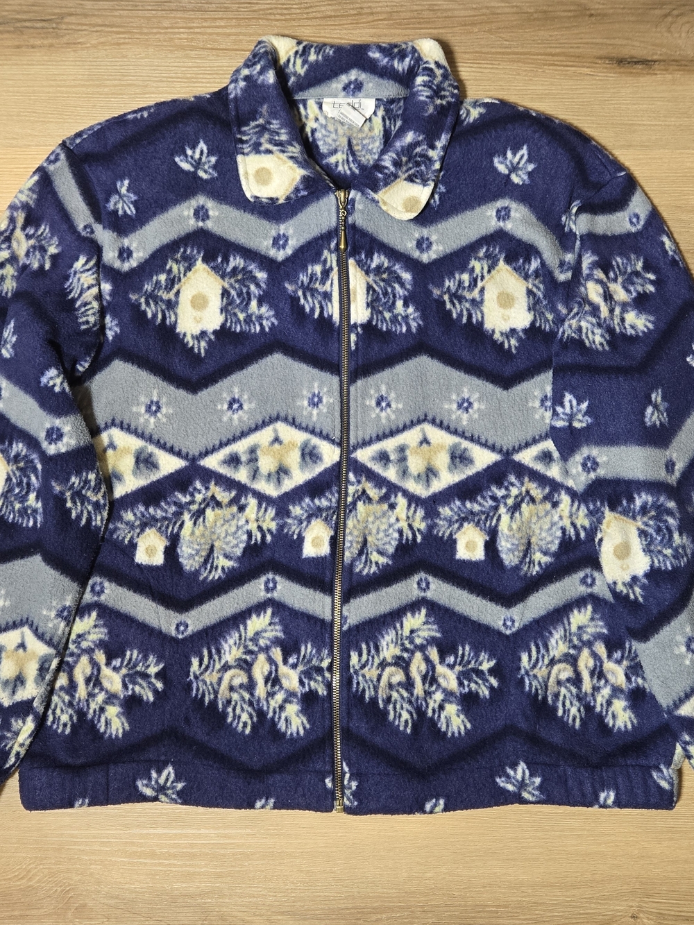 Vintage Navy Blue & Cream Patterned Teddy Jacket